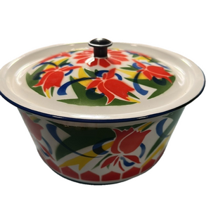 Tulip patterned Peacock made in China enamelware pot/ bowl with lid